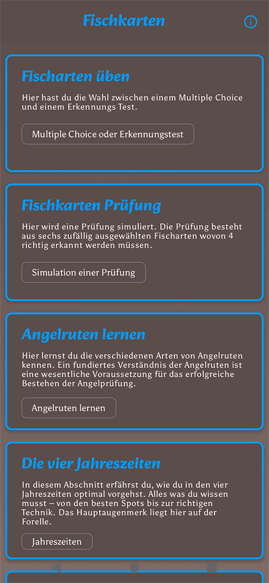 Hauptmenü der Fischkarten App
